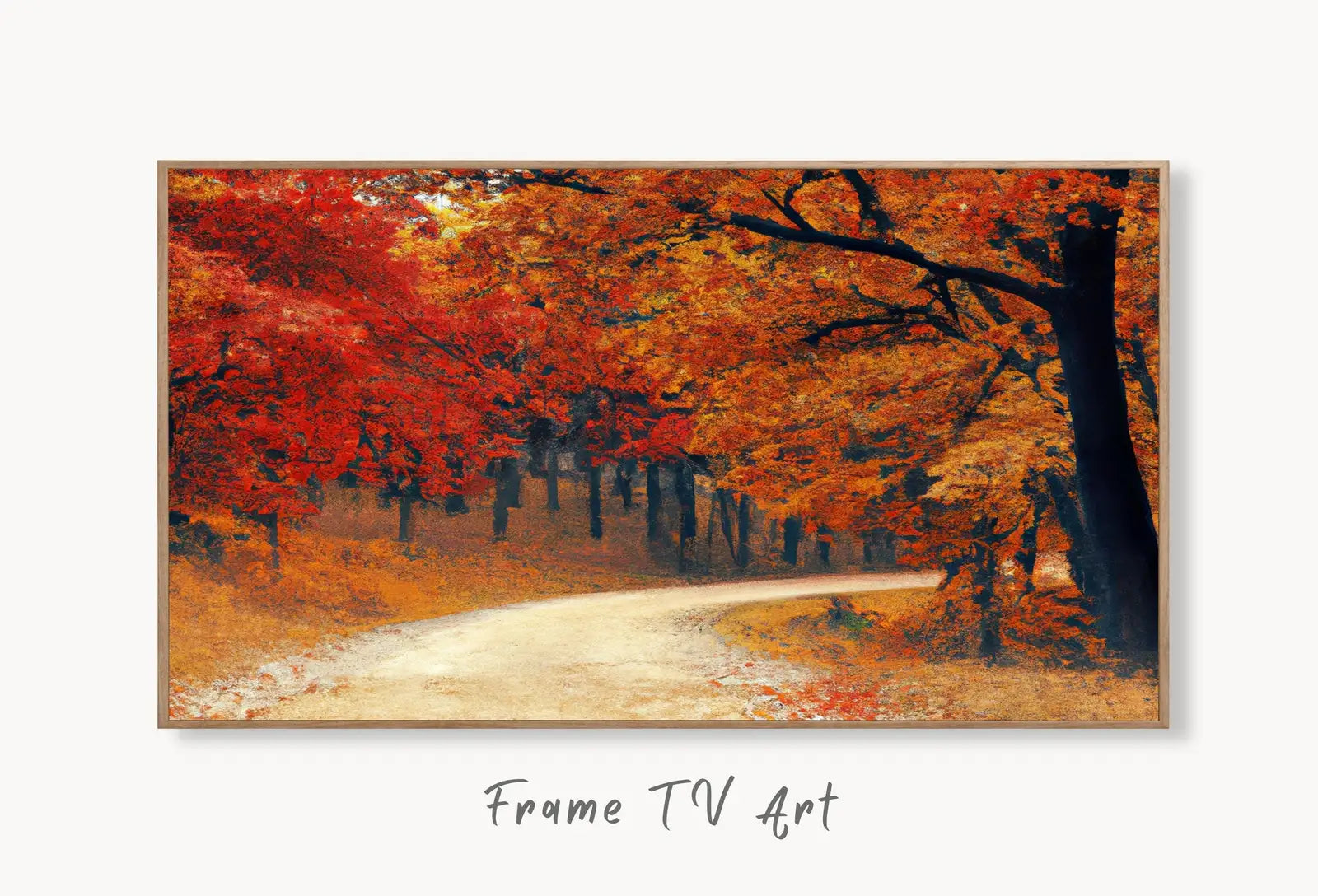 Samsung Frame TV Art 4K Forest Trail in the Fall Landscape Digital Painting. Instant Download Autumn Art for Samsung Frame TV. Art for TV #3 displayed on Samsung Frame TV on a living room wall.