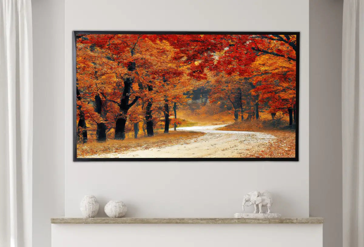 Detail view of artwork from Samsung Frame TV Art 4K Forest Trail in the Fall Landscape Digital Painting. Instant Download Autumn Art for Samsung Frame TV. Art for TV #4. (variation 2)