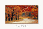 Samsung Frame TV Art 4K Forest Trail in the Fall Landscape Digital Painting. Instant Download Autumn Art for Samsung Frame TV. Art for TV #4 displayed on Samsung Frame TV on a living room wall.
