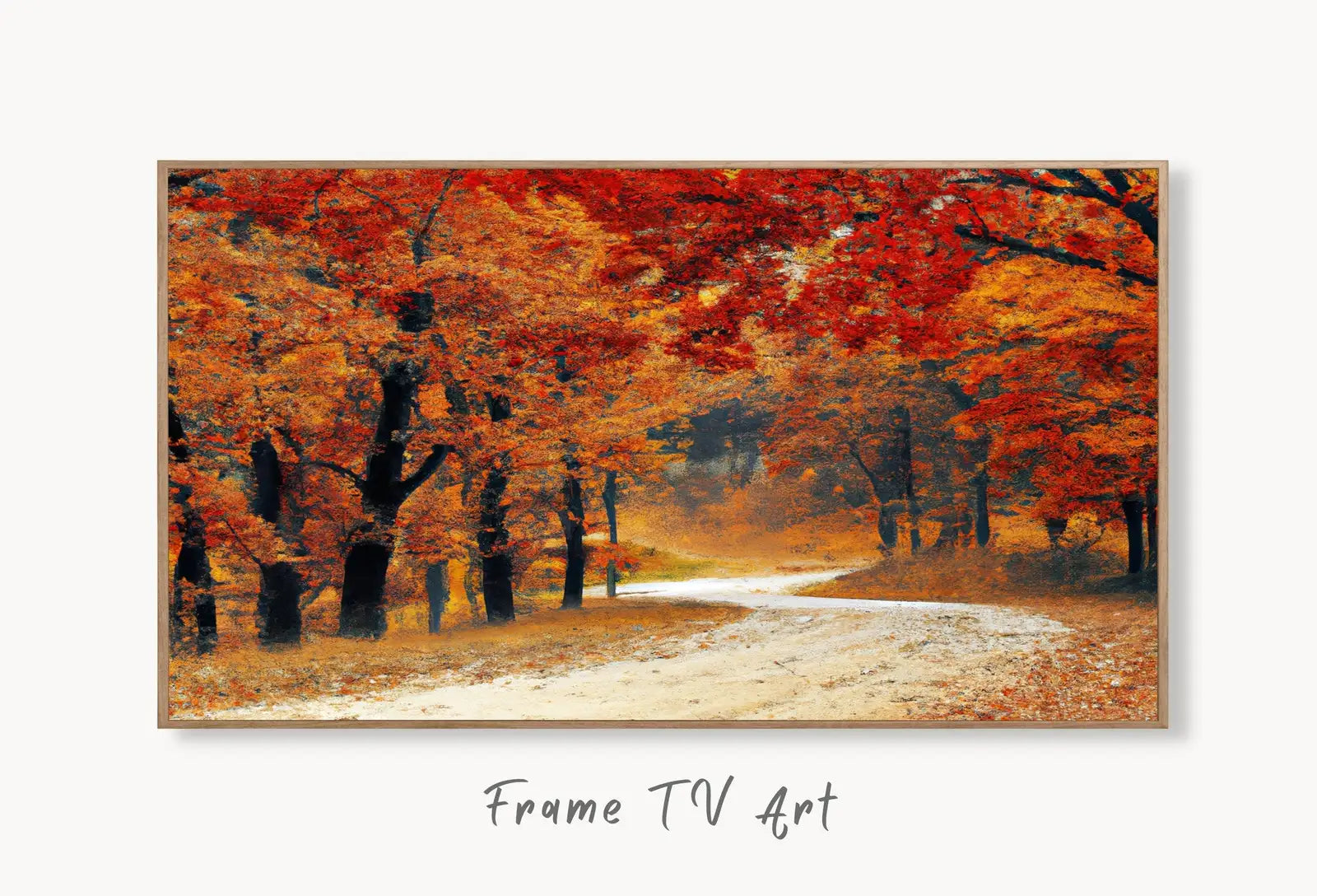 Samsung Frame TV Art 4K Forest Trail in the Fall Landscape Digital Painting. Instant Download Autumn Art for Samsung Frame TV. Art for TV #4 displayed on Samsung Frame TV on a living room wall.