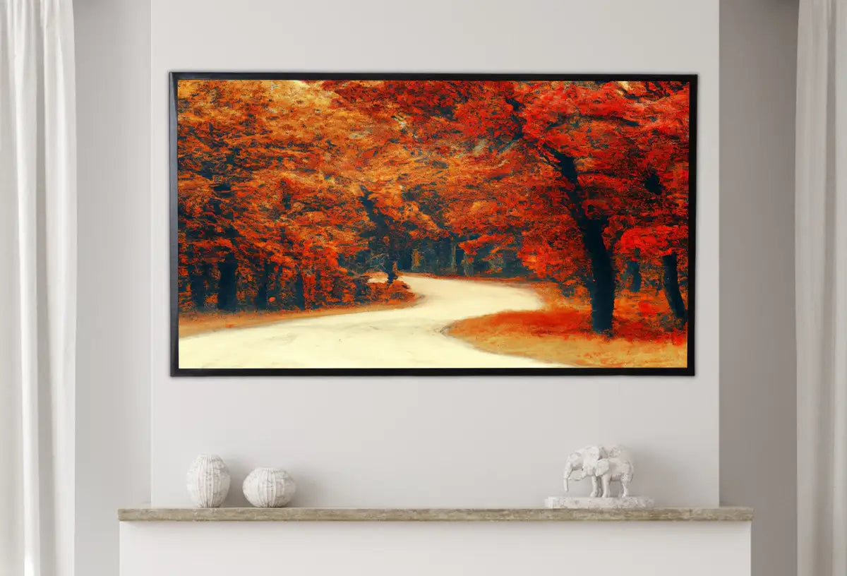 Detail view of artwork from Samsung Frame TV Art 4K Forest Trail in the Fall Landscape Digital Painting. Instant Download Autumn Art for Samsung Frame TV. Art for TV #7. (variation 2)