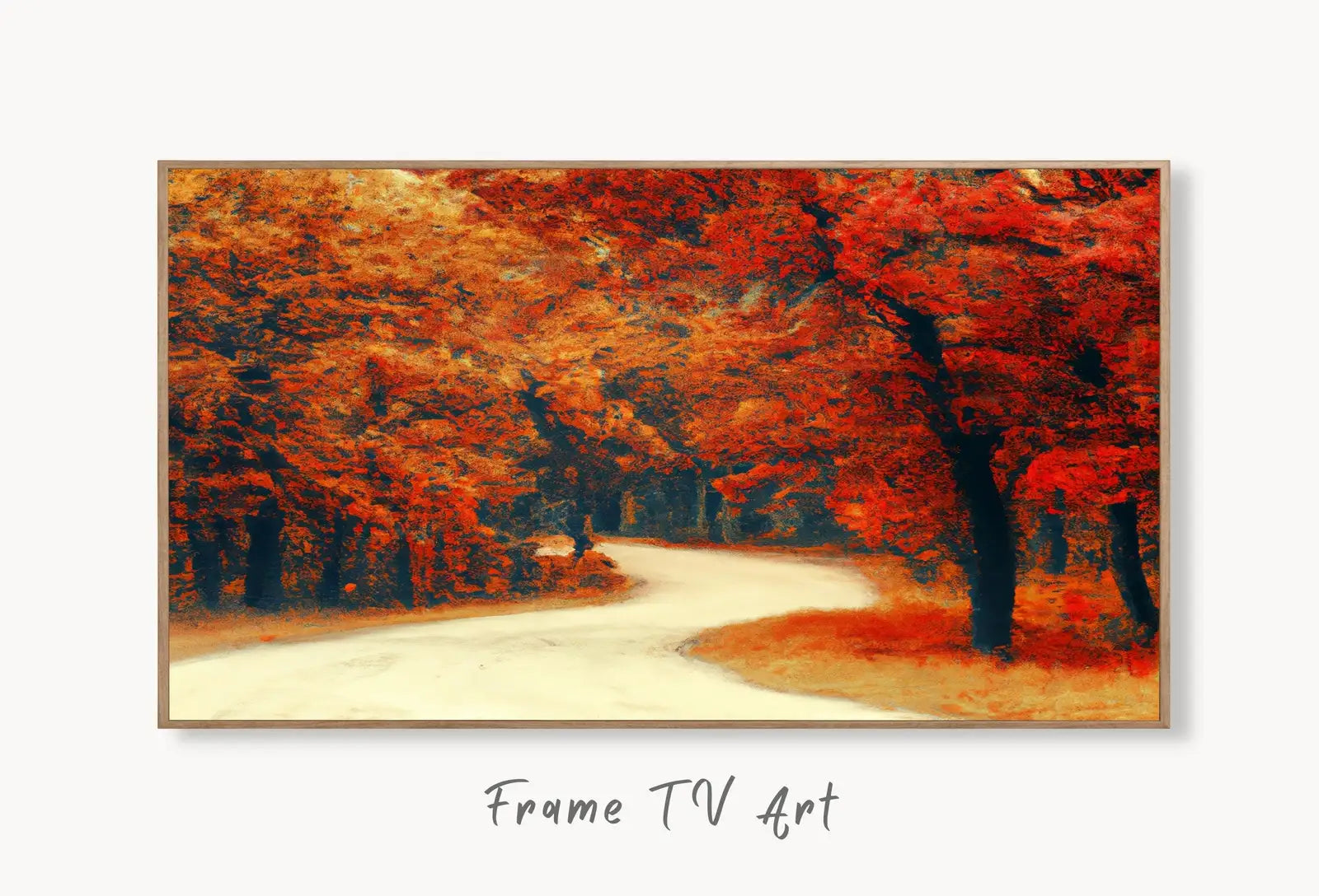 Samsung Frame TV Art 4K Forest Trail in the Fall Landscape Digital Painting. Instant Download Autumn Art for Samsung Frame TV. Art for TV #7 displayed on Samsung Frame TV on a living room wall.
