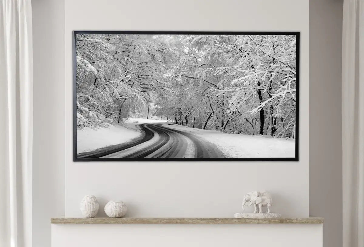 Detail view of artwork from Samsung Frame TV Art 4K Forest Trail in the Winter Landscape Digital Painting. Instant Download Snow Art for Samsung Frame TV. Art for TV. (variation 2)