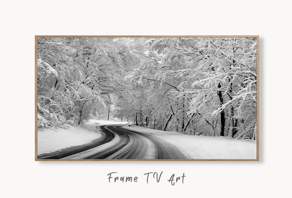 Samsung Frame TV Art 4K Forest Trail in the Winter Landscape Digital Painting. Instant Download Snow Art for Samsung Frame TV. Art for TV displayed on Samsung Frame TV on a living room wall.