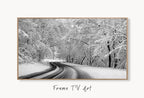 Samsung Frame TV Art 4K Forest Trail in the Winter Landscape Digital Painting. Instant Download Snow Art for Samsung Frame TV. Art for TV displayed on Samsung Frame TV on a living room wall.