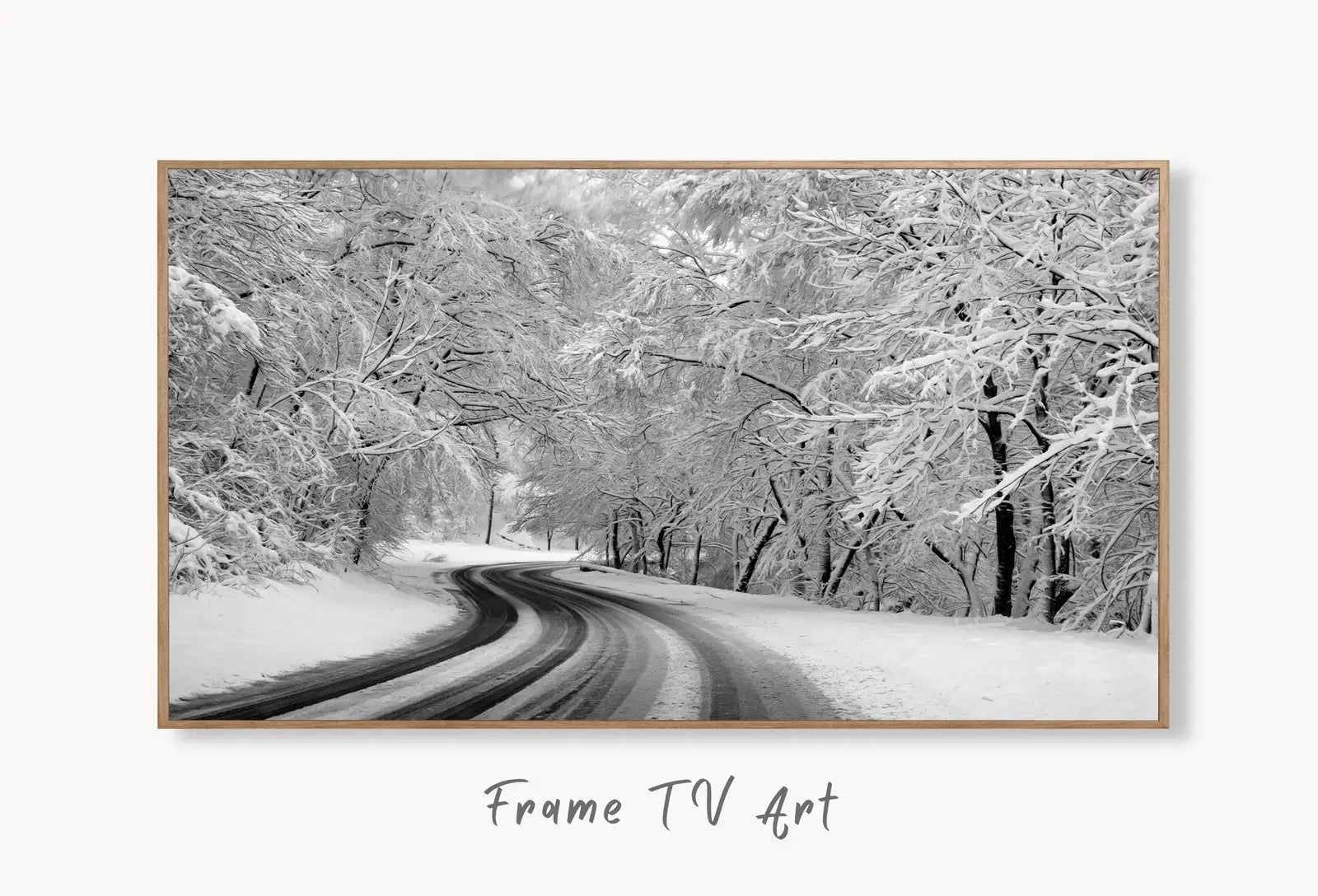 Samsung Frame TV Art 4K Forest Trail in the Winter Landscape Digital Painting. Instant Download Snow Art for Samsung Frame TV. Art for TV displayed on Samsung Frame TV on a living room wall.