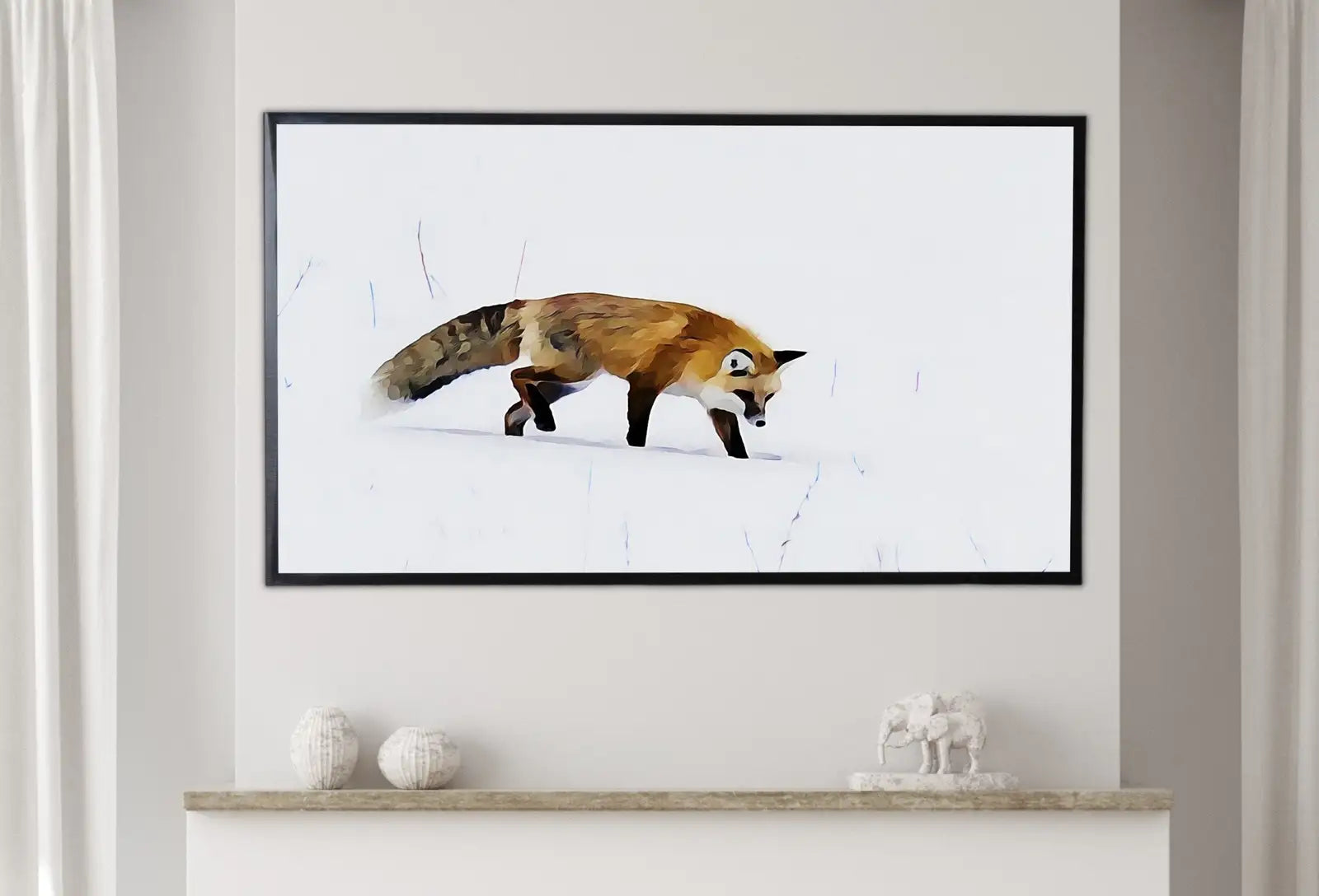 Detail view of artwork from Samsung Frame TV Art 4K Fox Walking in Snow Digital Painting. Instant Download. Fox Wall Art for the Samsung Frame TV. Red Fox Art for TV. (variation 1)