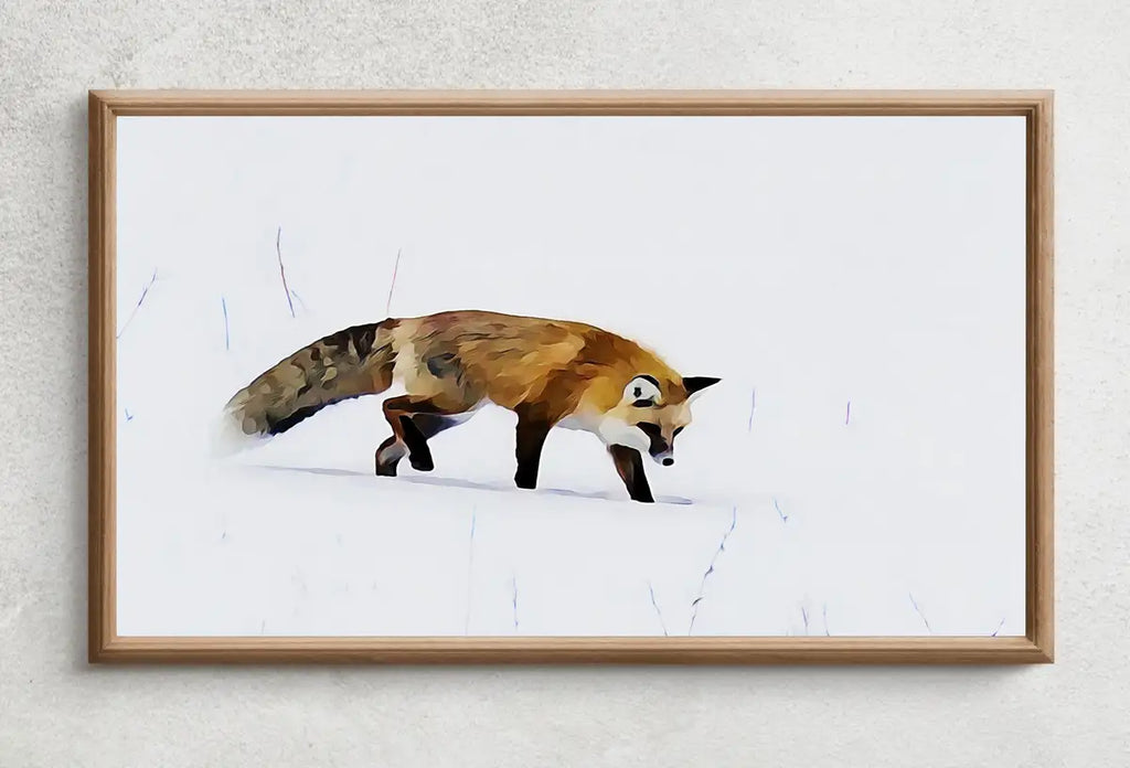 Detail view of artwork from Samsung Frame TV Art 4K Fox Walking in Snow Digital Painting. Instant Download. Fox Wall Art for the Samsung Frame TV. Red Fox Art for TV. (variation 2)