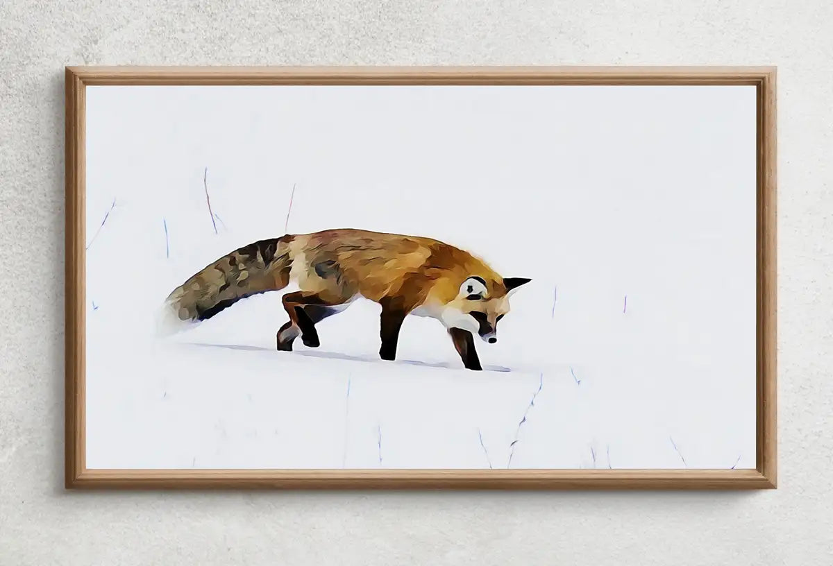 Detail view of artwork from Samsung Frame TV Art 4K Fox Walking in Snow Digital Painting. Instant Download. Fox Wall Art for the Samsung Frame TV. Red Fox Art for TV. (variation 2)