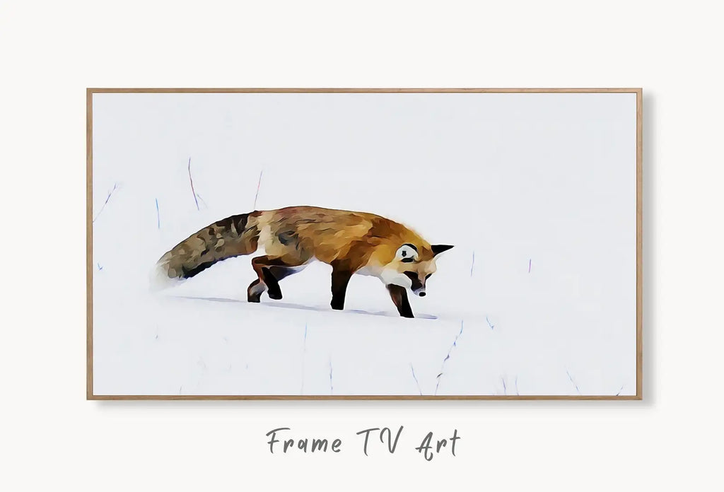 Samsung Frame TV Art 4K Fox Walking in Snow Digital Painting. Instant Download. Fox Wall Art for the Samsung Frame TV. Red Fox Art for TV displayed on Samsung Frame TV on a living room wall.