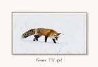 Samsung Frame TV Art 4K Fox Walking in Snow Digital Painting. Instant Download. Fox Wall Art for the Samsung Frame TV. Red Fox Art for TV displayed on Samsung Frame TV on a living room wall.