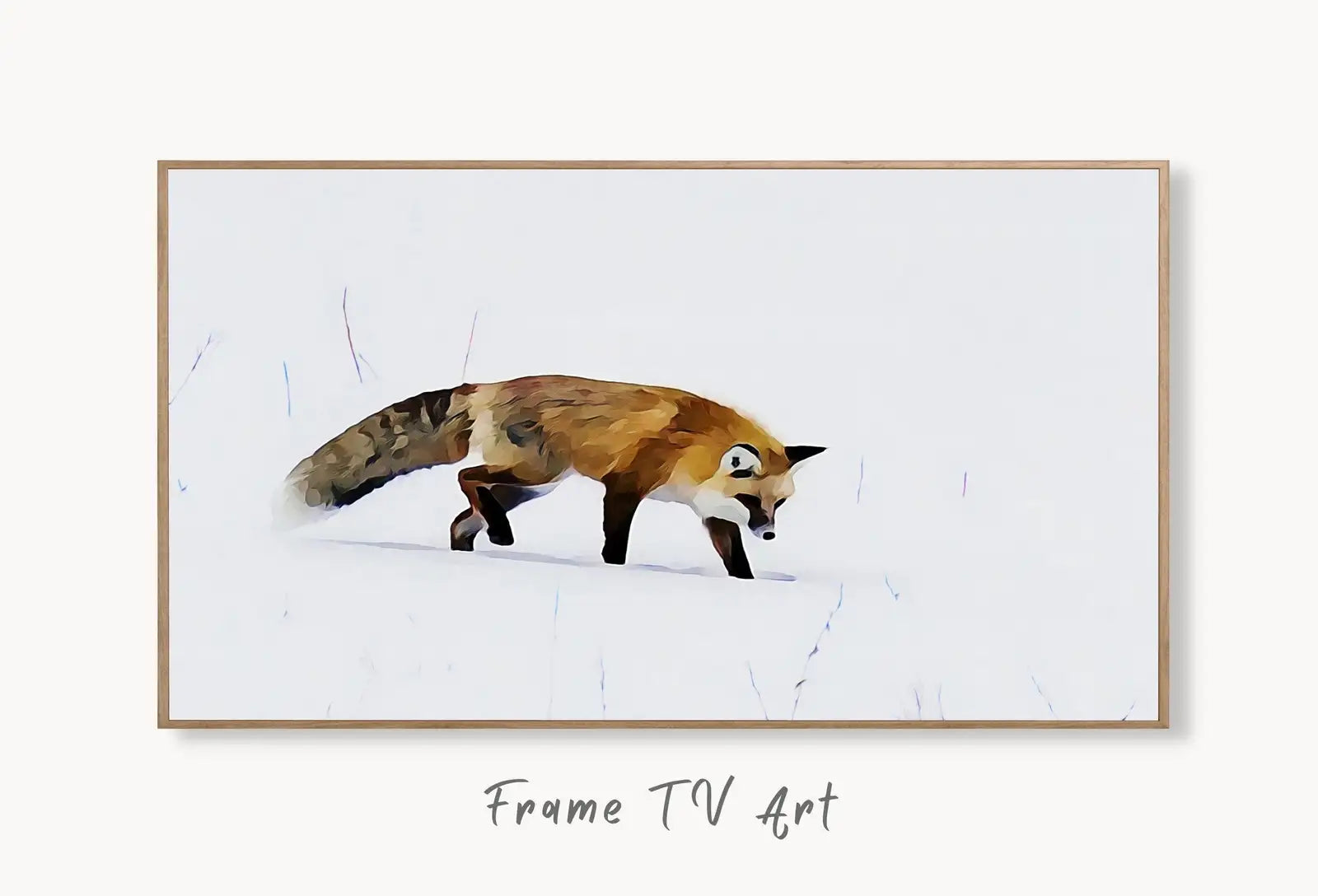 Samsung Frame TV Art 4K Fox Walking in Snow Digital Painting. Instant Download. Fox Wall Art for the Samsung Frame TV. Red Fox Art for TV displayed on Samsung Frame TV on a living room wall.