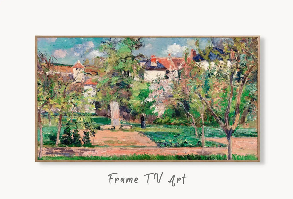 Samsung Frame TV Art 4K Garden in the Sun Famous French Countryside Painting. Instant Download Landscape Art for Frame TV. Vintage Wall Art displayed on Samsung Frame TV on a living room wall.