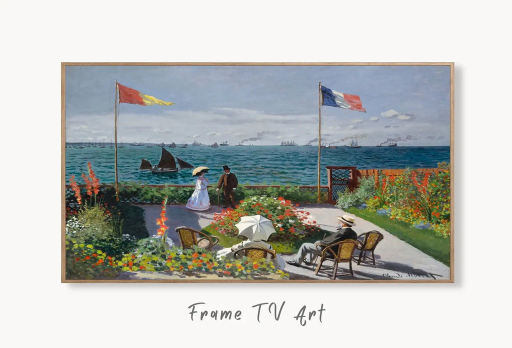 Samsung Frame TV Art 4K Garden & Seascape Famous Painting. Instant Download Vintage Art for Samsung Frame TV. Claude Monet Art for TV displayed on Samsung Frame TV on a living room wall.