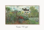 Samsung Frame TV Art 4K Garden with Dahlias Famous Claude Monet Painting. Instant Digital Download Landscape for Frame TV. Vintage Wall Art displayed on Samsung Frame TV on a living room wall.