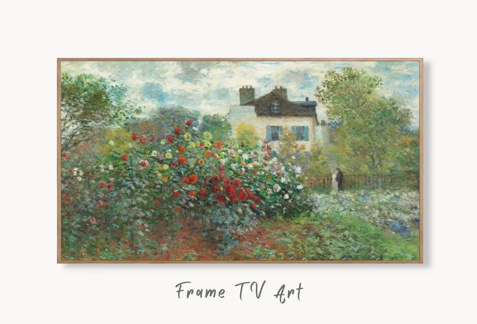 Samsung Frame TV Art 4K Garden with Dahlias Famous Claude Monet Painting. Instant Digital Download Landscape for Frame TV. Vintage Wall Art displayed on Samsung Frame TV on a living room wall.