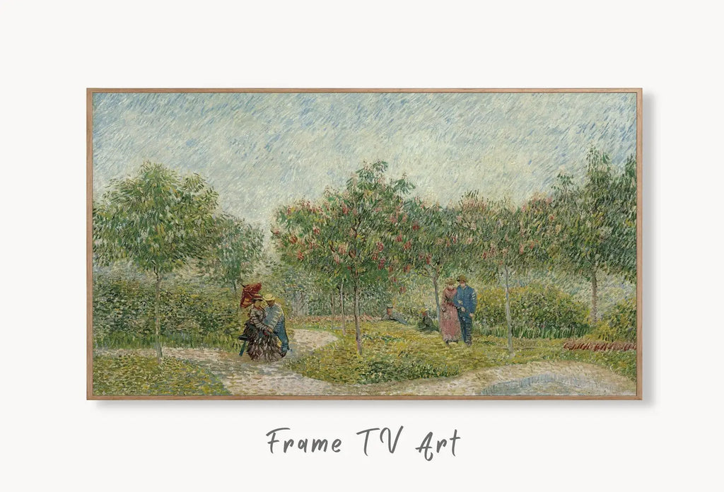 Samsung Frame TV Art 4K Garden with Lovers Famous Painting by Vincent van Gogh. Instant Download van Gogh Art for the Frame TV. Vintage Art displayed on Samsung Frame TV on a living room wall.