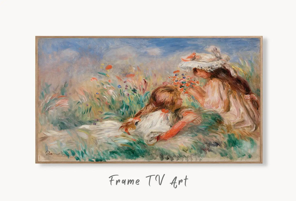 Samsung Frame TV Art 4K Girls in the Grass by Auguste Renoir. Famous Antique Oil Painting. Landscape Vintage Impressionist Art for Frame TV displayed on Samsung Frame TV on a living room wall.