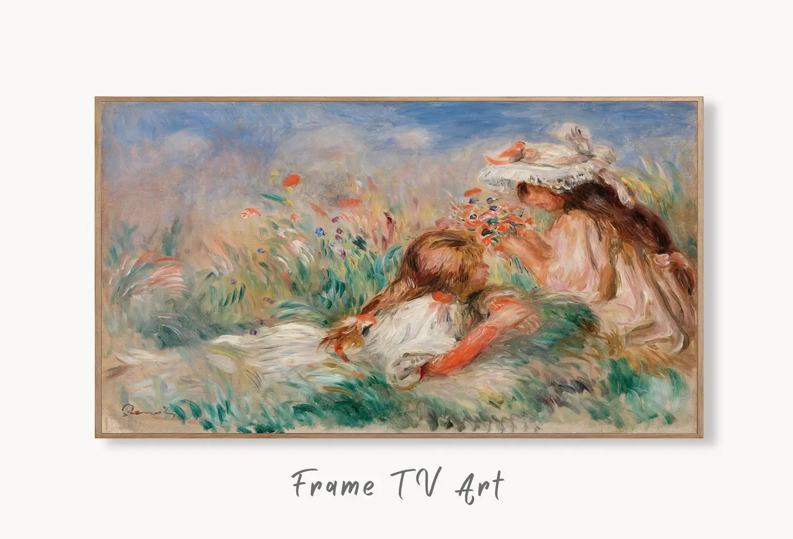 Samsung Frame TV Art 4K Girls in the Grass by Auguste Renoir. Famous Antique Oil Painting. Landscape Vintage Impressionist Art for Frame TV displayed on Samsung Frame TV on a living room wall.