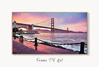 Samsung Frame TV Art 4K Golden Gate Bridge Digital Painting. Instant Download Art for TV. Colorful Frame TV Art displayed on Samsung Frame TV on a living room wall.