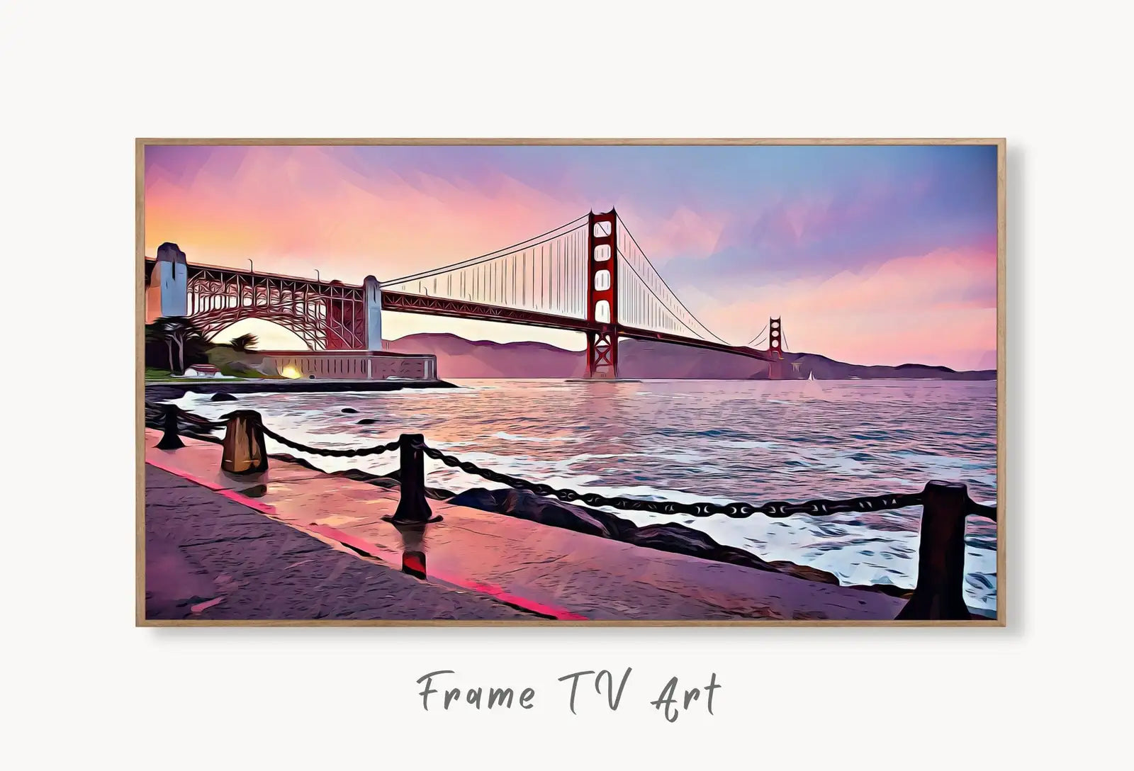 Samsung Frame TV Art 4K Golden Gate Bridge Digital Painting. Instant Download Art for TV. Colorful Frame TV Art displayed on Samsung Frame TV on a living room wall.