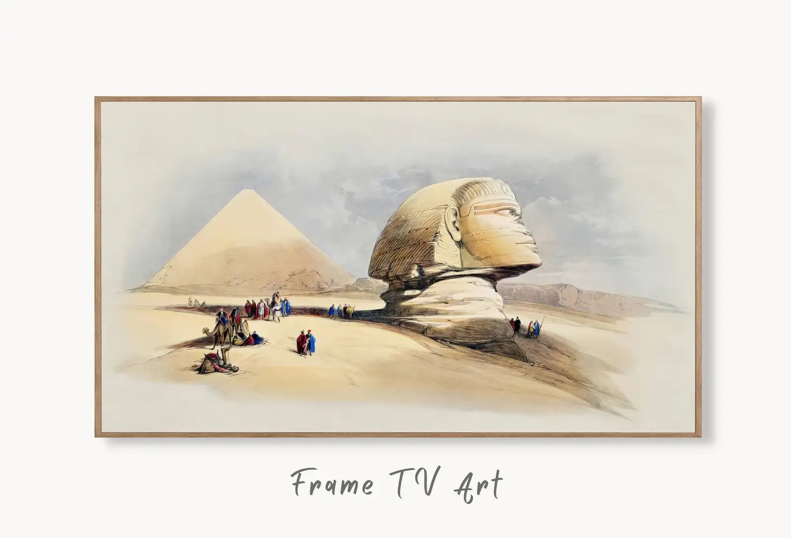 Samsung Frame TV Art 4K Great Sphinx & Pyramids Ancient Egyptian Wall Art. Instant Download Antique Vintage Egyptian Art for Frame TV displayed on Samsung Frame TV on a living room wall.