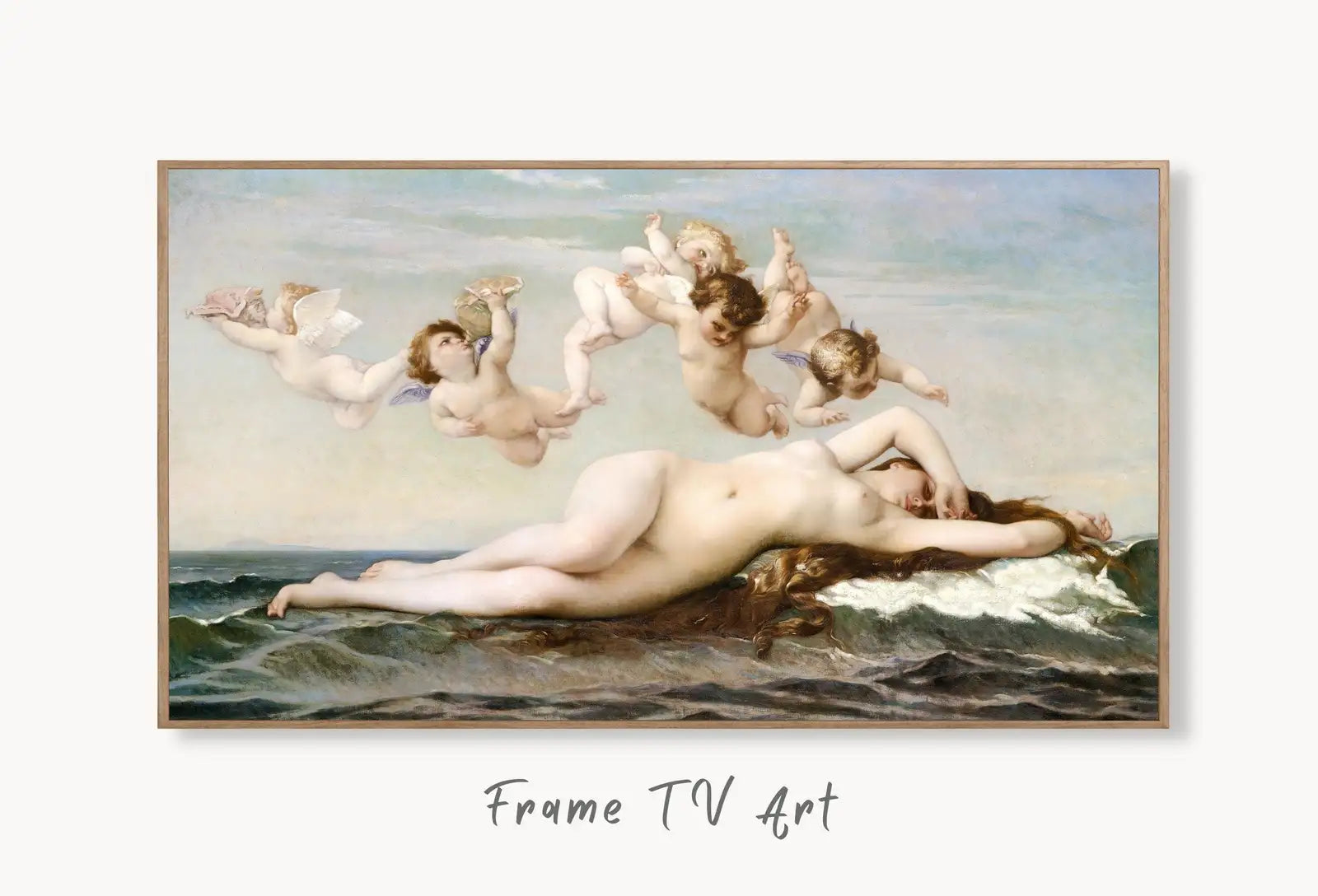 Samsung Frame TV Art 4K Greek Mythology Art Birth of Venus Vintage Painting. Instant Download Antique Nude Greek Goddess Art for Frame TV displayed on Samsung Frame TV on a living room wall.