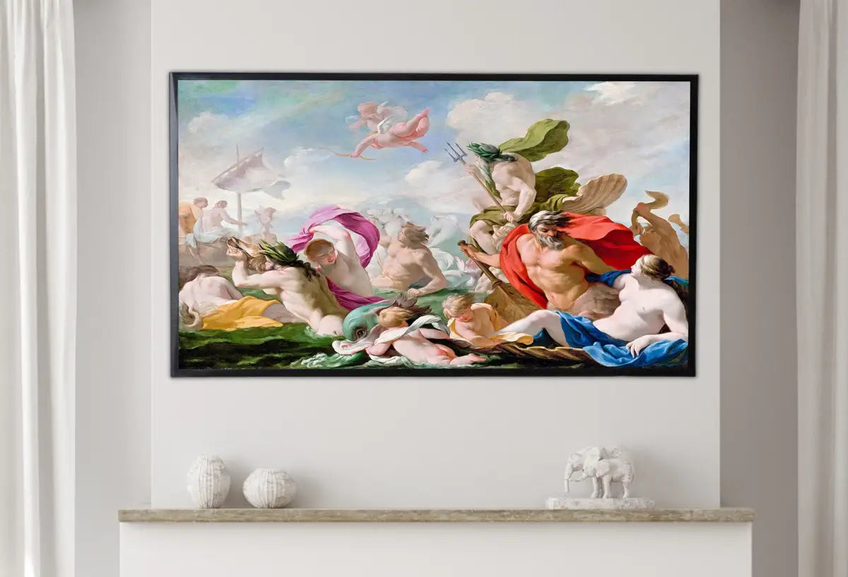 Detail view of artwork from Samsung Frame TV Art 4K Greek Mythology Art Marine Gods Paying Homage to Love Vintage Painting. Instant Download Antique Art for Frame TV. (variation 2)