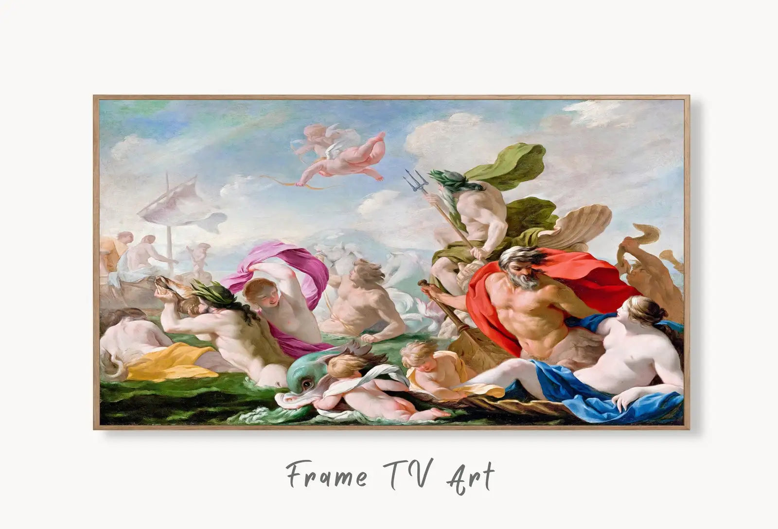 Samsung Frame TV Art 4K Greek Mythology Art Marine Gods Paying Homage to Love Vintage Painting. Instant Download Antique Art for Frame TV displayed on Samsung Frame TV on a living room wall.