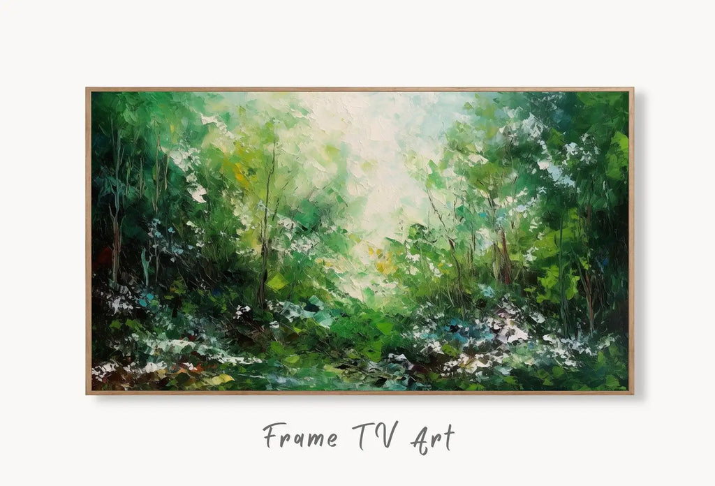 Samsung Frame TV Art 4K Green Forest Abstract Textured Landscape Painting. Instant Download. Forest Art for Samsung Frame TV. Art for TV displayed on Samsung Frame TV on a living room wall.