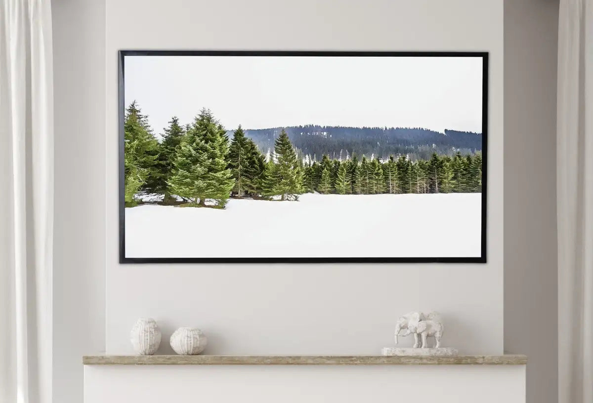 Detail view of artwork from Samsung Frame TV Art 4K Green Forest in Snow Landscape. Digital Painting. Instant Download. Snow Art for Samsung Frame TV. Art for TV. (variation 2)