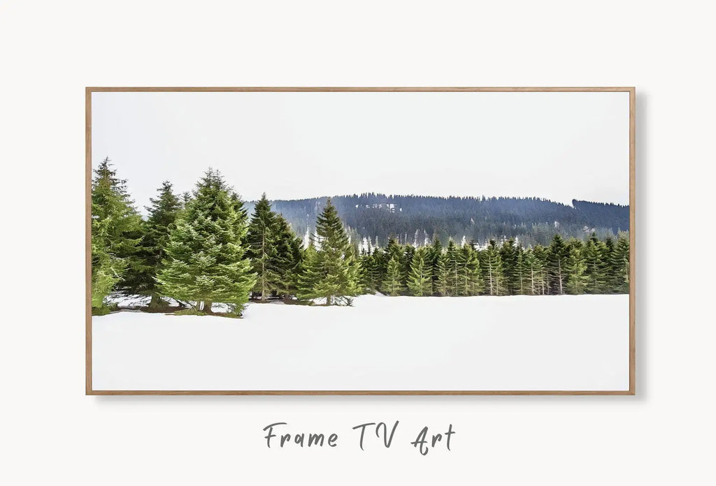 Samsung Frame TV Art 4K Green Forest in Snow Landscape. Digital Painting. Instant Download. Snow Art for Samsung Frame TV. Art for TV displayed on Samsung Frame TV on a living room wall.