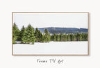 Samsung Frame TV Art 4K Green Forest in Snow Landscape. Digital Painting. Instant Download. Snow Art for Samsung Frame TV. Art for TV displayed on Samsung Frame TV on a living room wall.
