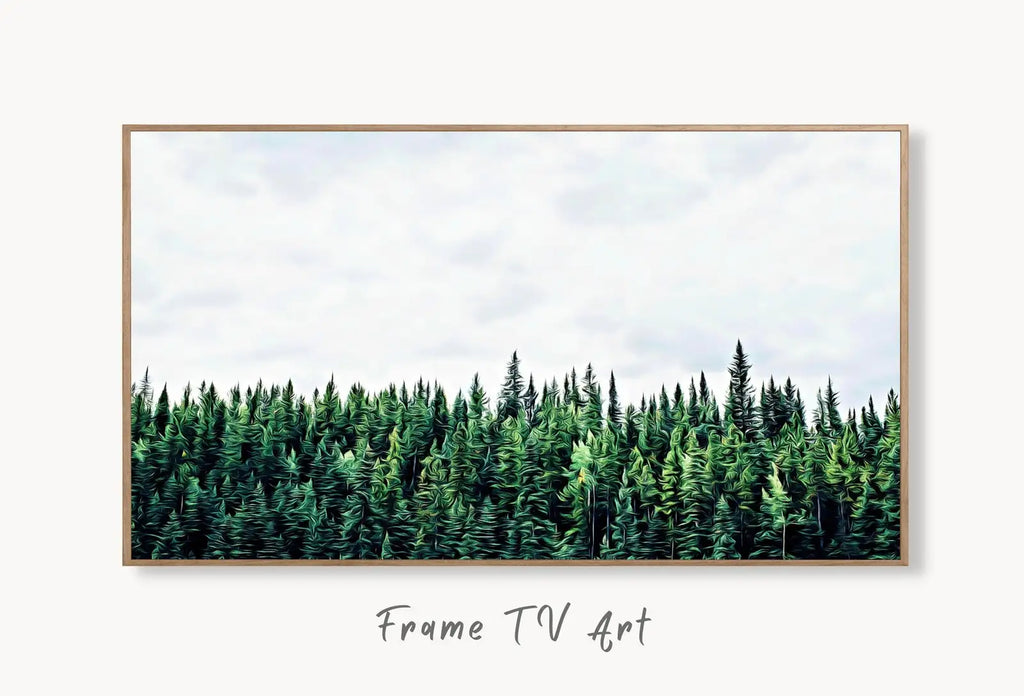 Collage of artworks from Samsung Frame TV Art 4K Green Forest Landscape Nature Wall Art. Instant Download Forest Photography. Pine Trees Art for Frame TV Frame TV Art Collection – digital download set.