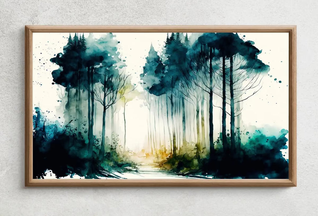 Samsung Frame TV Art 4K Green Forest Landscape Watercolor Digital Painting. Instant Download Forest Art for Samsung Frame TV. Art for TV – Frame TV  Art