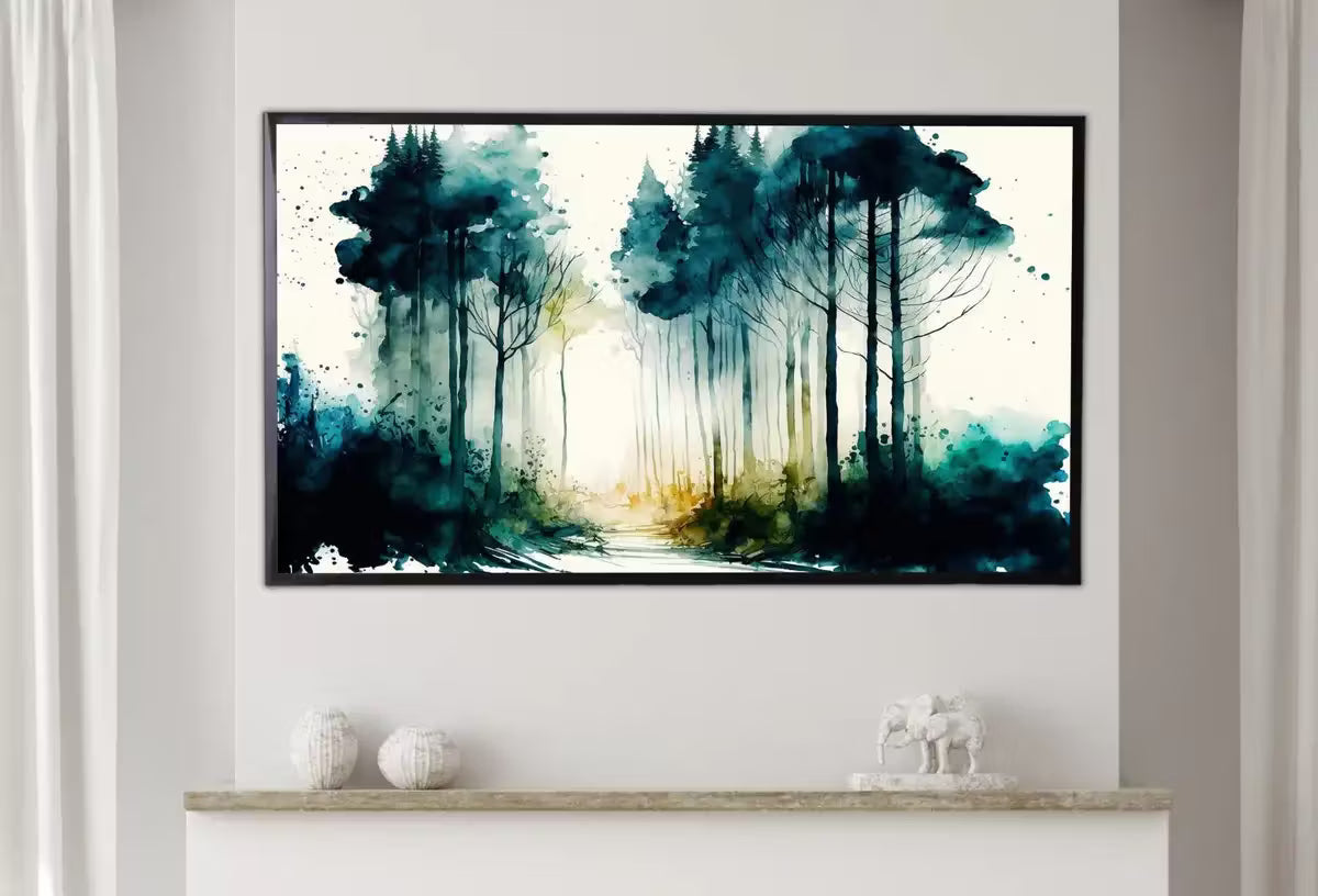 Samsung Frame TV Art 4K Green Forest Landscape Watercolor Digital Painting. Instant Download Forest Art for Samsung Frame TV. Art for TV – Frame TV  Art