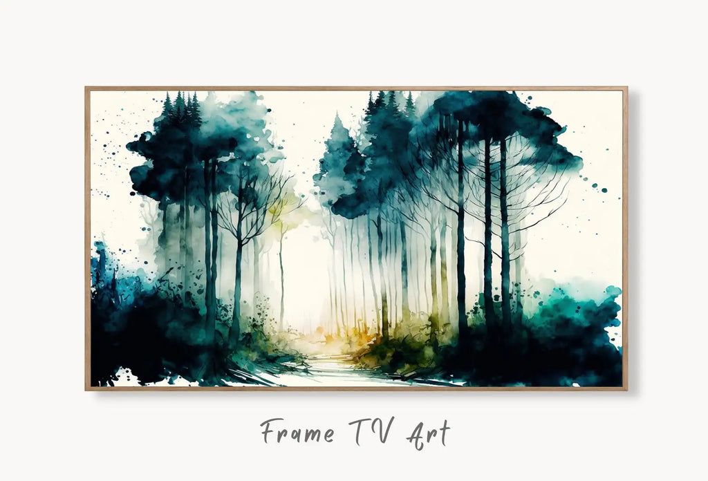Samsung Frame TV Art 4K Green Forest Landscape Watercolor Digital Painting. Instant Download Forest Art for Samsung Frame TV. Art for TV displayed on Samsung Frame TV on a living room wall. (variation 1)