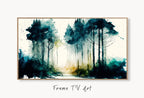 Samsung Frame TV Art 4K Green Forest Landscape Watercolor Digital Painting. Instant Download Forest Art for Samsung Frame TV. Art for TV displayed on Samsung Frame TV on a living room wall. (variation 1)