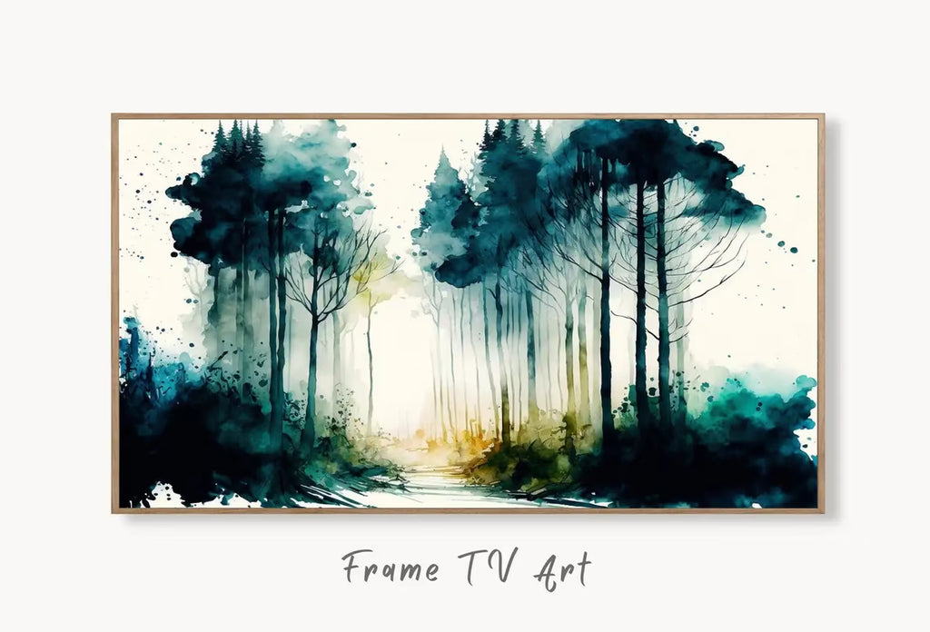 Samsung Frame TV Art 4K Green Forest Landscape Watercolor Digital Painting. Instant Download Forest Art for Samsung Frame TV. Art for TV – Frame TV  Art