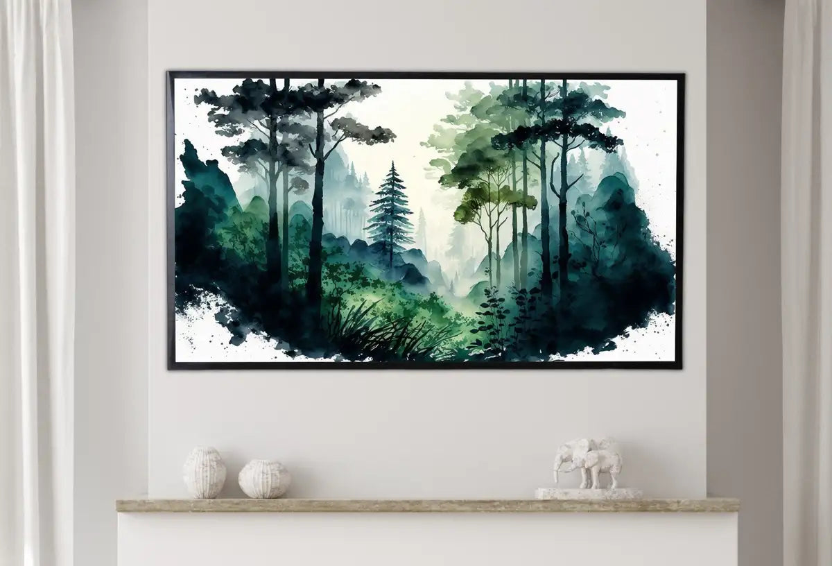 Detail view of artwork from Samsung Frame TV Art 4K Green Forest Landscape Watercolor Digital Painting. Instant Download Forest Art for Samsung Frame TV. Art for TV. (variation 5)