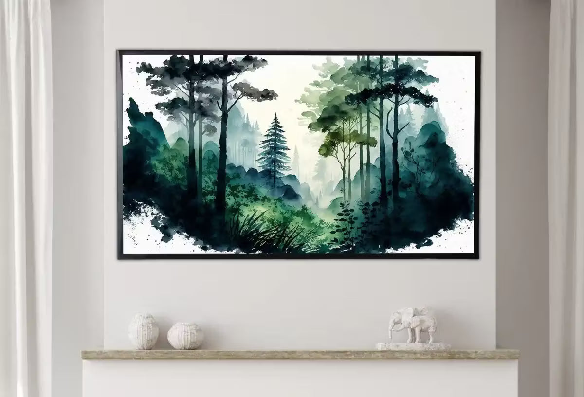 Samsung Frame TV Art 4K Green Forest Landscape Watercolor Digital Painting. Instant Download Forest Art for Samsung Frame TV. Art for TV – Frame TV  Art