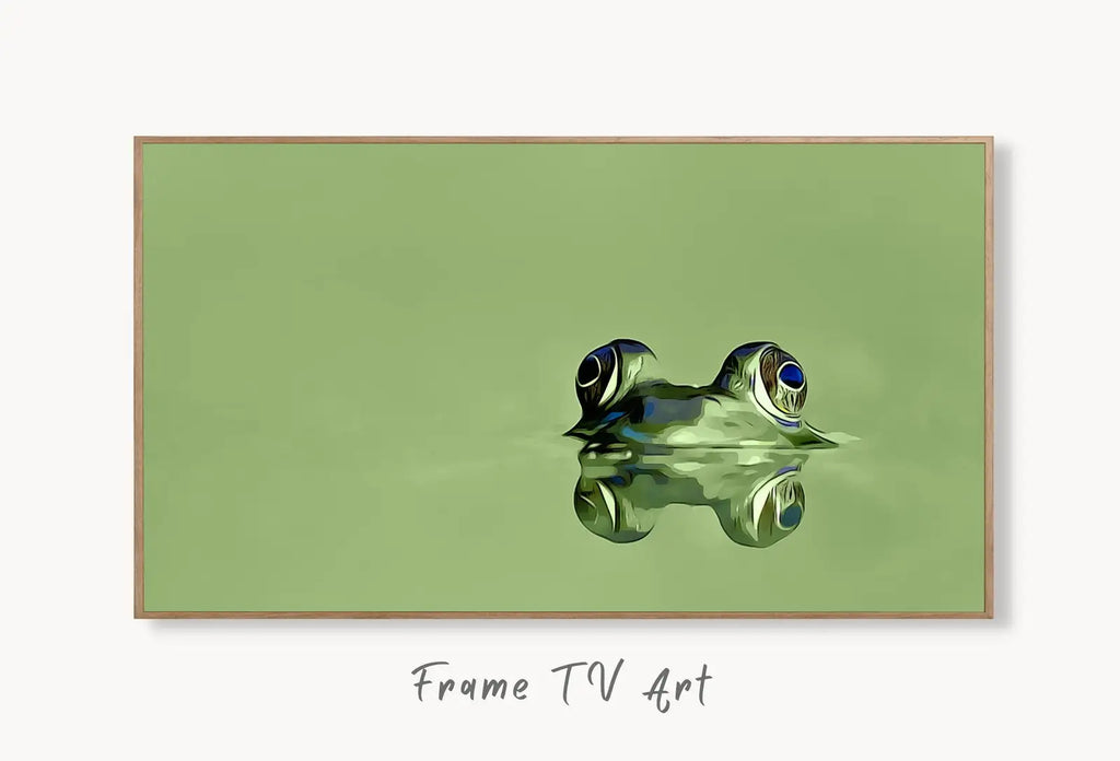 Samsung Frame TV Art 4K Green Frog Sitting in Pond Digital Painting. Instant Download Frog Art for the Samsung Frame TV. Green Art for TV displayed on Samsung Frame TV on a living room wall.