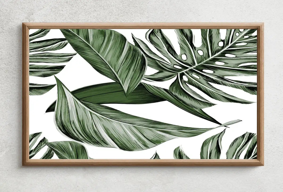 Detail view of artwork from Samsung Frame TV Art 4K Green Tropical Leaves Botanical Wall Art. Instant Download Nature Digital Painting. Palm Leaf Art for the Frame TV. (variation 2)