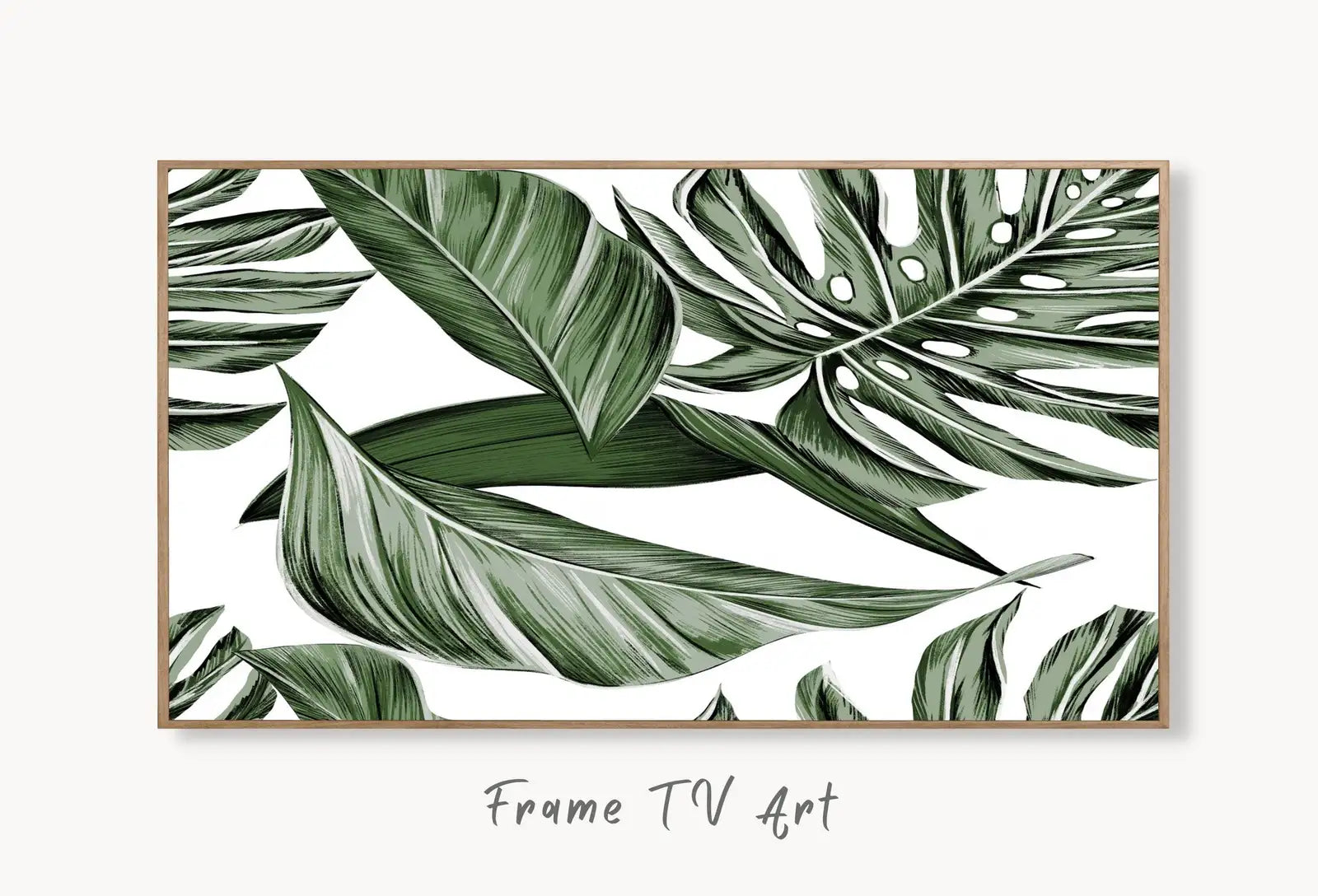 Samsung Frame TV Art 4K Green Tropical Leaves Botanical Wall Art. Instant Download Nature Digital Painting. Palm Leaf Art for the Frame TV displayed on Samsung Frame TV on a living room wall.