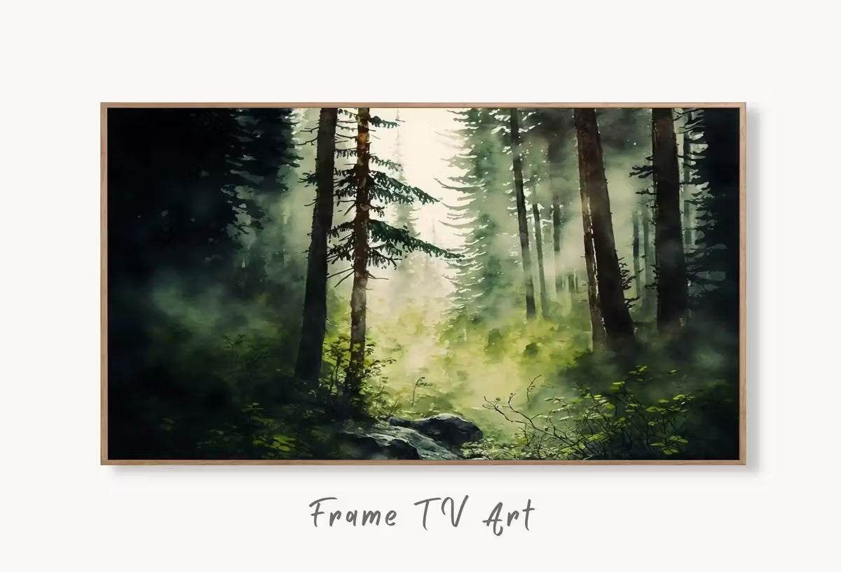 Samsung Frame TV Art 4K Green Watercolor Forest Landscape Painting. Instant Download. Dense Forest Art for Samsung Frame TV. Art for TV – Frame TV  Art