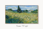 Samsung Frame TV Art 4K Green Wheat Field with Cypress Famous Painting by Vincent van Gogh. Instant Download Landscape for the Frame TV displayed on Samsung Frame TV on a living room wall.