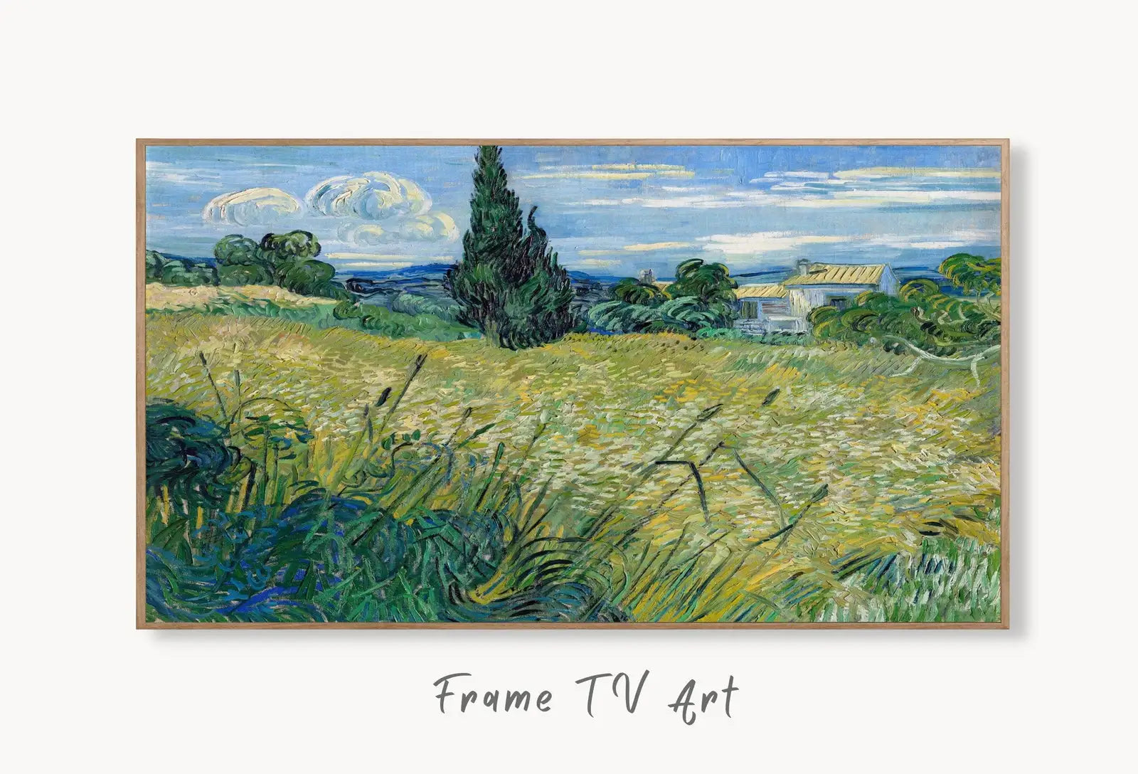 Samsung Frame TV Art 4K Green Wheat Field with Cypress Famous Painting by Vincent van Gogh. Instant Download Landscape for the Frame TV displayed on Samsung Frame TV on a living room wall.
