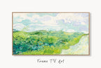 Samsung Frame TV Art 4K Green Wheat Fields Famous Painting by Vincent van Gogh. Instant Download van Gogh Spring Landscape for the Frame TV. displayed on Samsung Frame TV on a living room wall.