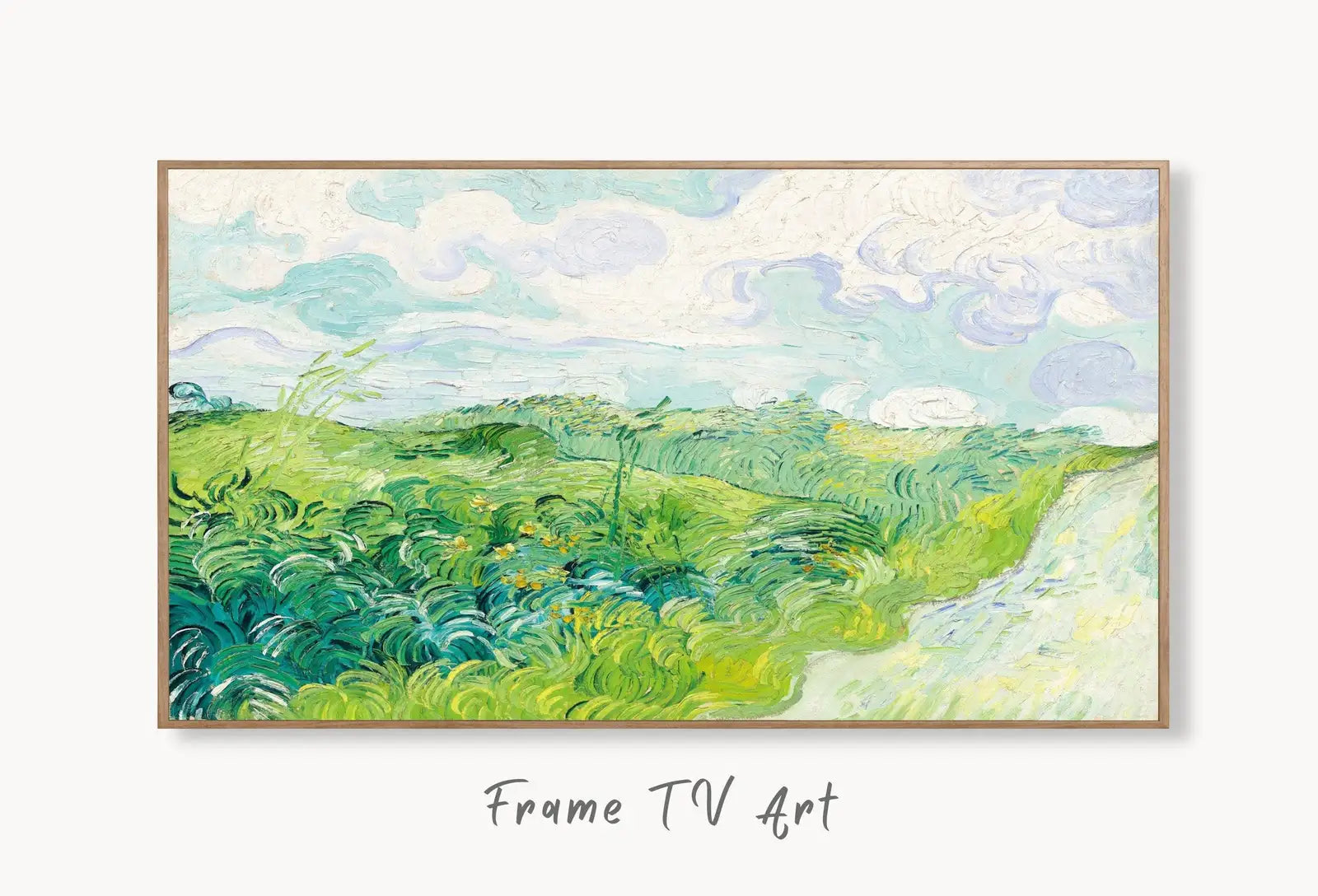 Samsung Frame TV Art 4K Green Wheat Fields Famous Painting by Vincent van Gogh. Instant Download van Gogh Spring Landscape for the Frame TV. displayed on Samsung Frame TV on a living room wall.