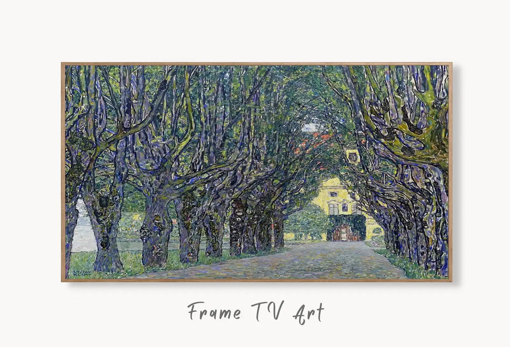 Samsung Frame TV Art 4K Gustav Klimt Avenue in the Park Famous Art Nouveau Painting. Antique Classic Klimt Art for Frame TV. Downloadable displayed on Samsung Frame TV on a living room wall.